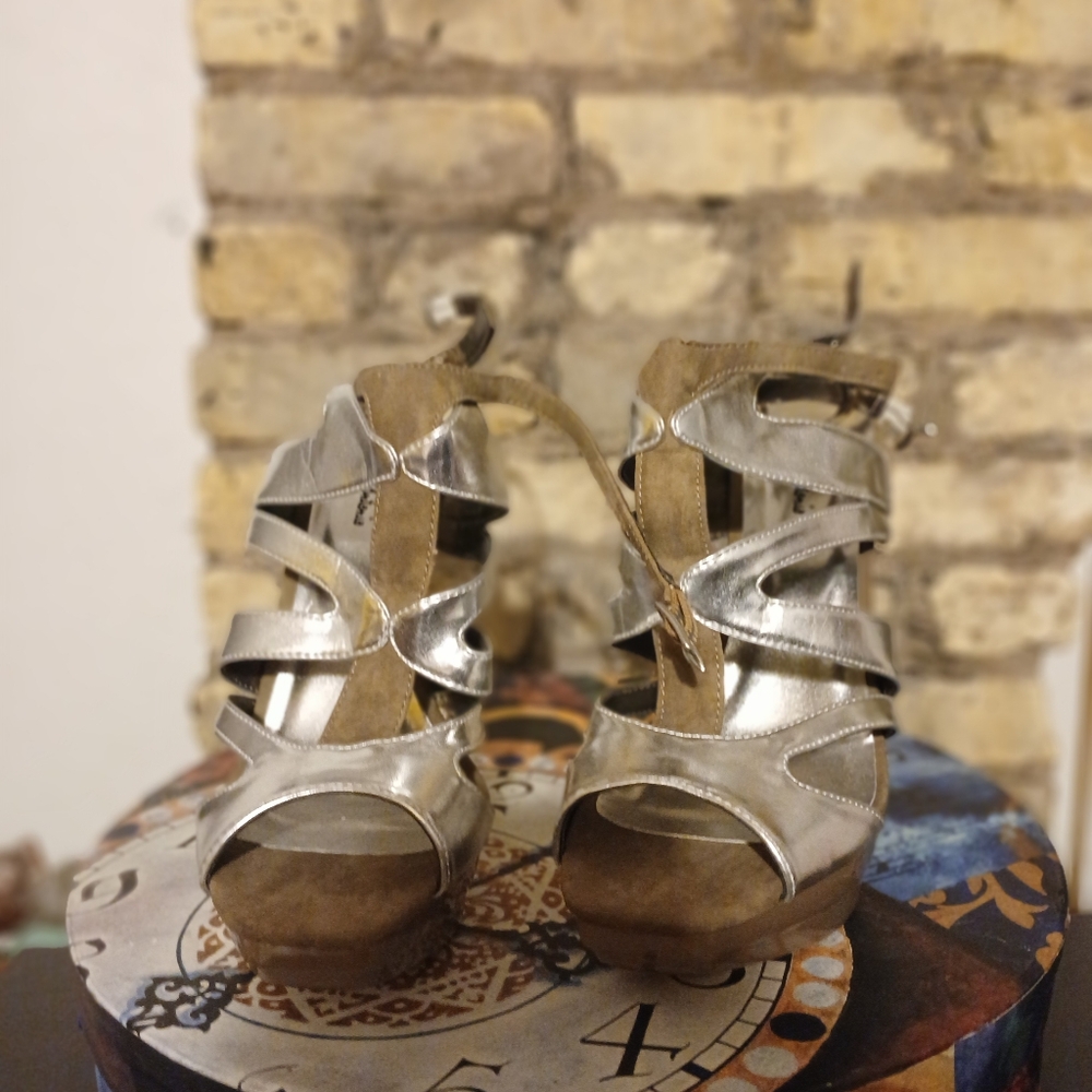 Silver and Tan Strappy Platform Heels